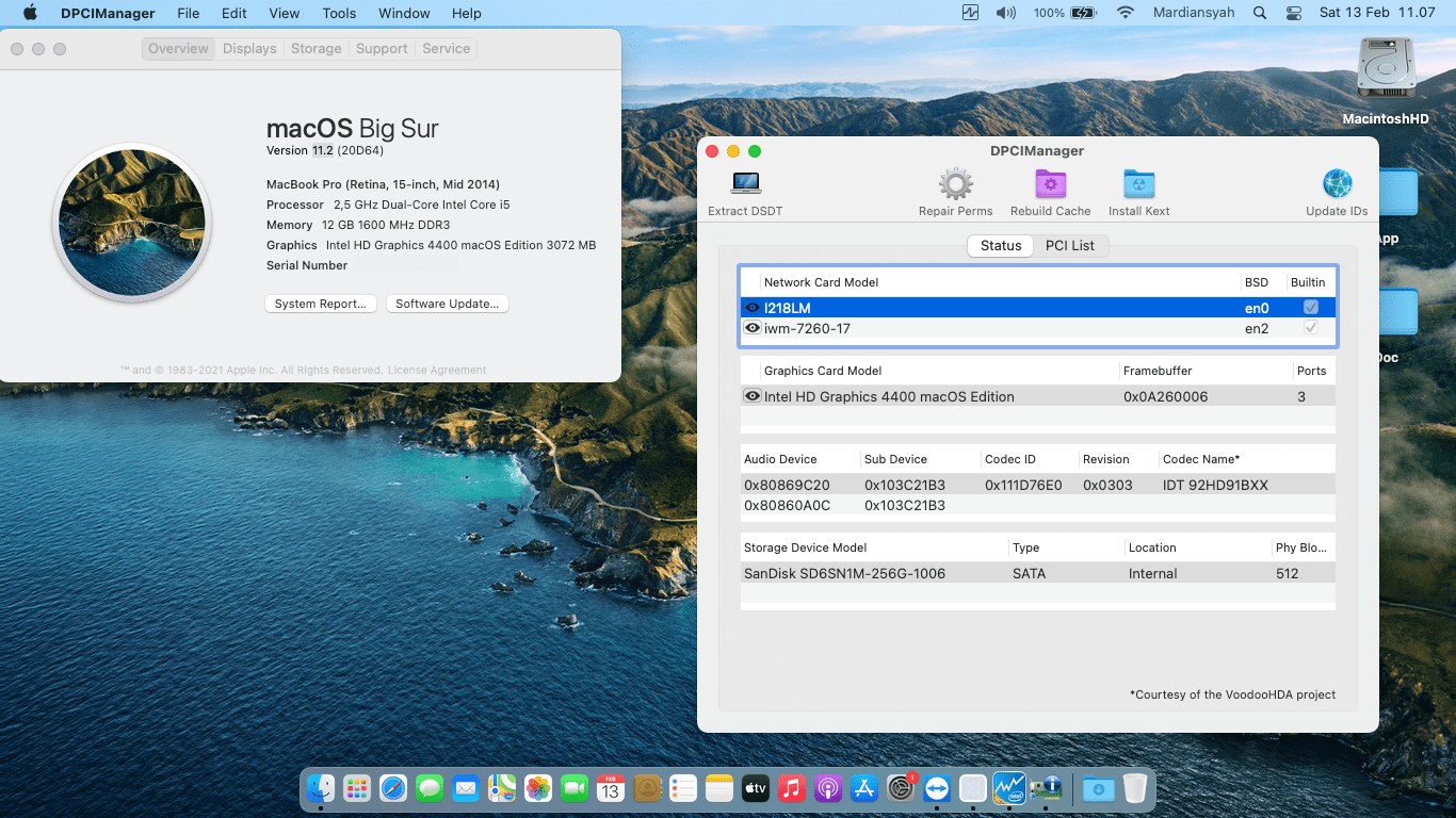 Success Hackintosh macOS Big Sur 11.2 Build 20D64 at HP EliteBook 810 G2